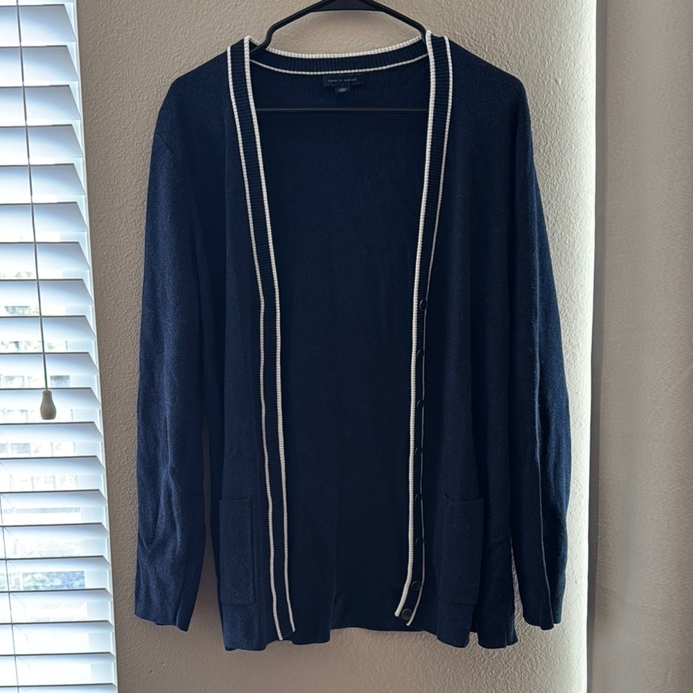 Navy Blue Cardigan with White Trim